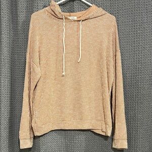 Striped Drawstring Hoodie in burnt orange and cream. Thin, soft, and roomy.